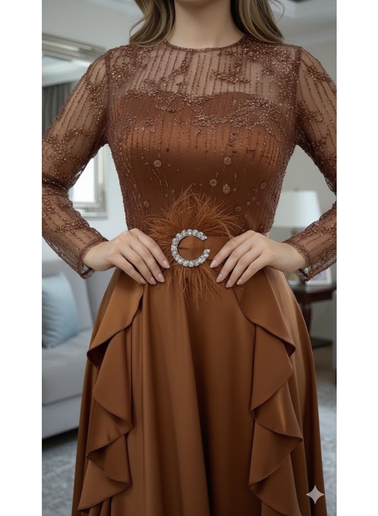 FULL JOY Elegant Maxi Dress with Sheer Lace Bodice, Long Sleeves And Waist Belt,Fashion Dress. - Image 4